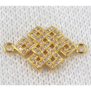 copper Chinese knot connector paved zircon, gold plated, approx 14-22mm [FDZN872]
