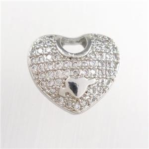 copper pendants paved zircon, heart, platinum plated, approx 12-14mm [FDZN8722]
