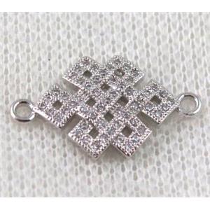 copper Chinese knot connector paved zircon, platinum plated, approx 14-22mm [FDZN873]