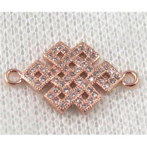 copper Chinese knot connector paved zircon, rose gold, approx 14-22mm [FDZN875]