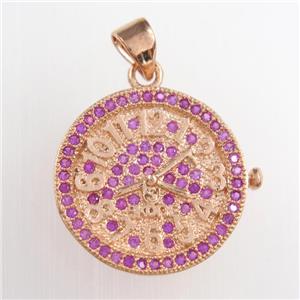 copper clock pendants paved zircon, circle, rose gold, approx 18mm dia [FDZN8763]