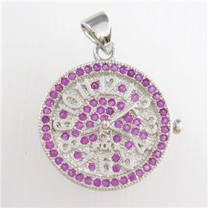 copper circle clock pendants paved zircon, platinum plated, approx 18mm dia [FDZN8764]