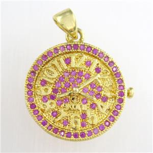 copper clock pendants paved zircon, circle, gold plated, approx 18mm dia [FDZN8765]