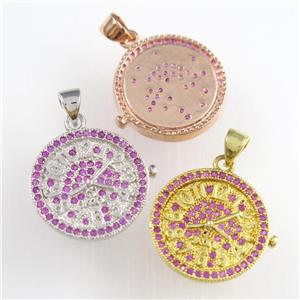 copper clock pendants paved zircon, circle, mixed color, approx 18mm dia [FDZN8766]