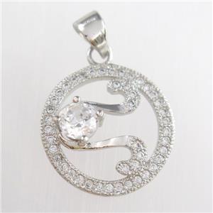 copper circle pendants paved zircon, platinum plated, approx 17mm dia [FDZN8772]