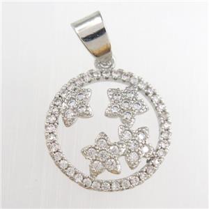 copper circle pendants paved zircon, platinum plated, approx 15mm dia [FDZN8774]