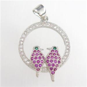 copper birds pendants paved zircon, platinum plated, approx 17mm dia [FDZN8781]