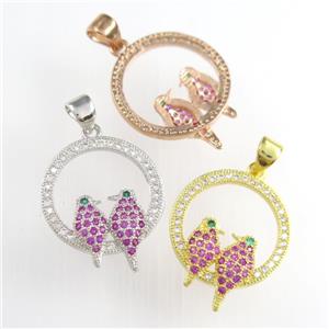 copper birds pendants paved zircon, mixed, approx 17mm dia [FDZN8783]