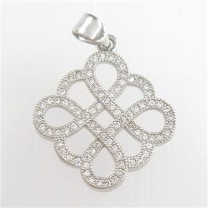 copper knot square pendants paved zircon, platinum plated, approx 16-20mm [FDZN8813]
