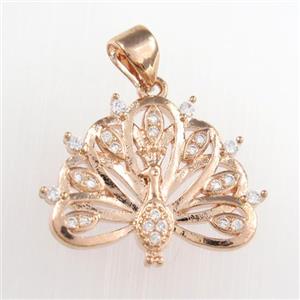 copper peacock pendants paved zircon, rose gold, approx 15-20mm [FDZN8820]