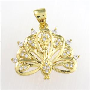 copper peacock pendants paved zircon, gold plated, approx 15-20mm [FDZN8822]