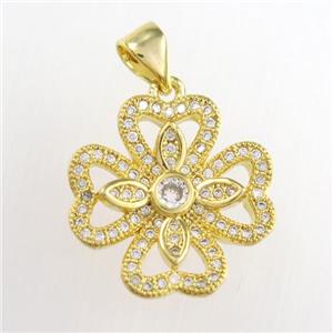 copper clover pendants paved zircon, gold plated, approx 17mm [FDZN8826]