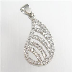 copper teardrop pendants paved zircon, platinum plated, approx 13-20mm [FDZN8843]
