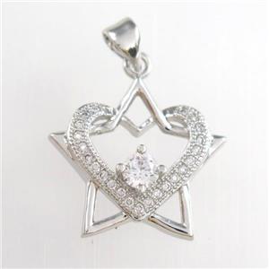 copper starheart pendants paved zircon, platinum plated, approx 20mm [FDZN8847]