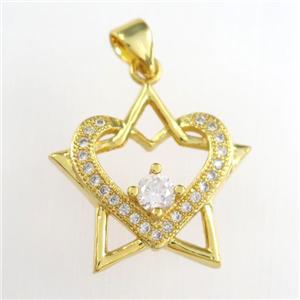 copper starheart pendants paved zircon, gold plated, approx 20mm [FDZN8848]