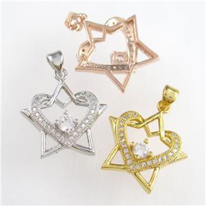 copper starheart pendants paved zircon, mixed color, approx 20mm [FDZN8849]