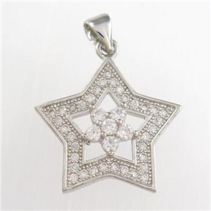 copper star pendants paved zircon, platinum plated, approx 20mm dia [FDZN8855]