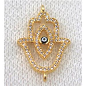 copper hamsahand connector paved zircon with evil eye, gold plated, approx 16-25mm [FDZN886]