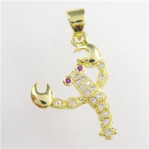 copper shrimp pendants paved zircon, zodiac, gold plated, approx 16-18mm [FDZN8866]
