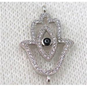 copper hamsahand connector paved zircon with evil eye, platinum plated, approx 16-25mm [FDZN887]