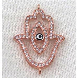 copper hamsahand connector paved zircon with evil eye, roe gold, approx 16-25mm [FDZN888]