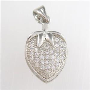 copper strawberry pendants paved zircon, platinum plated, approx 12-14mm [FDZN8894]