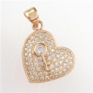 copper heart pendants paved zircon, rose gold, approx 14-15mm [FDZN8899]