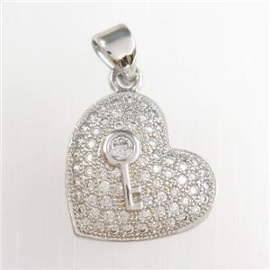 copper heart pendants paved zircon, platinum plated, approx 14-15mm [FDZN8900]