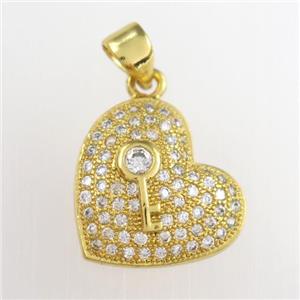 copper heart pendants paved zircon, gold plated, approx 14-15mm [FDZN8901]