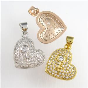 copper heart pendants paved zircon, mixed color, approx 14-15mm [FDZN8902]