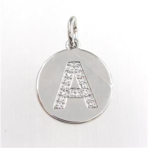 copper pendant paved zircon, letter A, platinum plated, approx 15mm dia [FDZN8956]