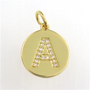 copper pendant paved zircon, letter A, gold plated, approx 15mm dia [FDZN8957]