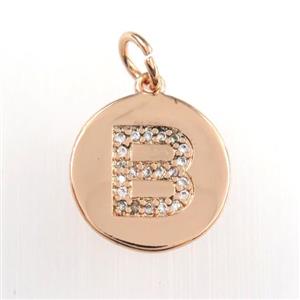 copper pendant paved zircon, letter B, rose gold, approx 15mm dia [FDZN8958]