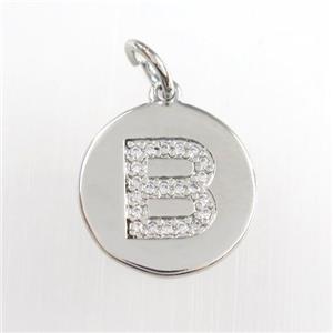 copper pendant paved zircon, letter B, platinum plated, approx 15mm dia [FDZN8959]