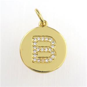 copper pendant paved zircon, letter B, gold plated, approx 15mm dia [FDZN8960]