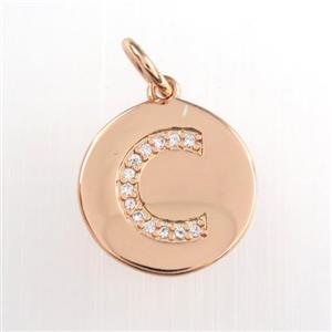 copper pendant paved zircon, letter C, rose gold, approx 15mm dia [FDZN8961]