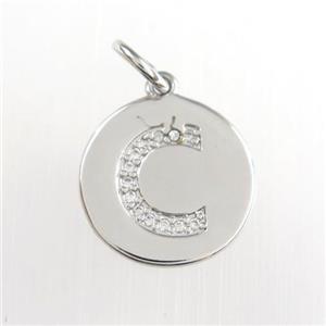 copper pendant paved zircon, letter C, platinum plated, approx 15mm dia [FDZN8962]