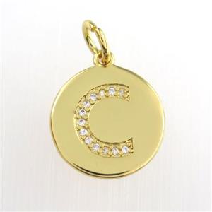 copper pendant paved zircon, letter C, gold plated, approx 15mm dia [FDZN8963]