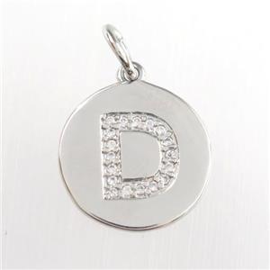 copper pendant paved zircon, letter D, platinum plated, approx 15mm dia [FDZN8965]