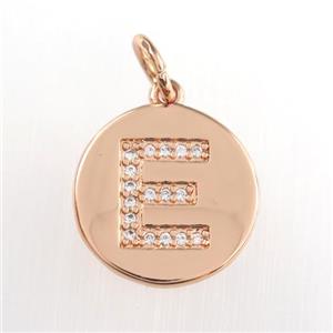 copper pendant paved zircon, letter E, rose gold, approx 15mm dia [FDZN8967]