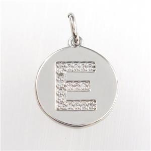 copper pendant paved zircon, letter E, platinum plated, approx 15mm dia [FDZN8968]