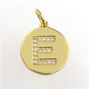 copper pendant paved zircon, letter E, gold plated, approx 15mm dia [FDZN8969]