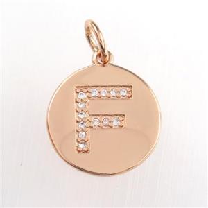 copper pendant paved zircon, letter F, rose gold, approx 15mm dia [FDZN8970]
