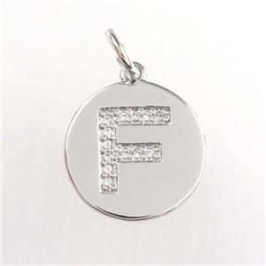 copper pendant paved zircon, letter F, platinum plated, approx 15mm dia [FDZN8971]