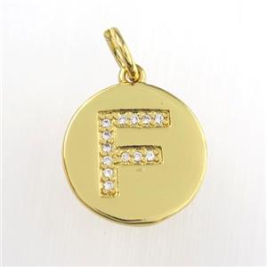 copper pendant paved zircon, letter F, gold plated, approx 15mm dia [FDZN8972]