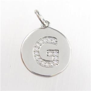 copper pendant paved zircon, letter G, platinum plated, approx 15mm dia [FDZN8974]