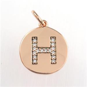 copper pendant paved zircon, letter H, rose gold, approx 15mm dia [FDZN8976]