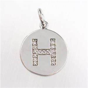 copper pendant paved zircon, letter H, platinum plated, approx 15mm dia [FDZN8977]