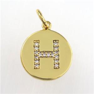 copper pendant paved zircon, letter H, gold plated, approx 15mm dia [FDZN8978]