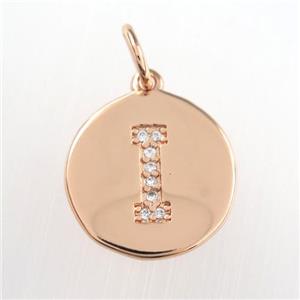 copper pendant paved zircon, letter I, rose gold, approx 15mm dia [FDZN8979]